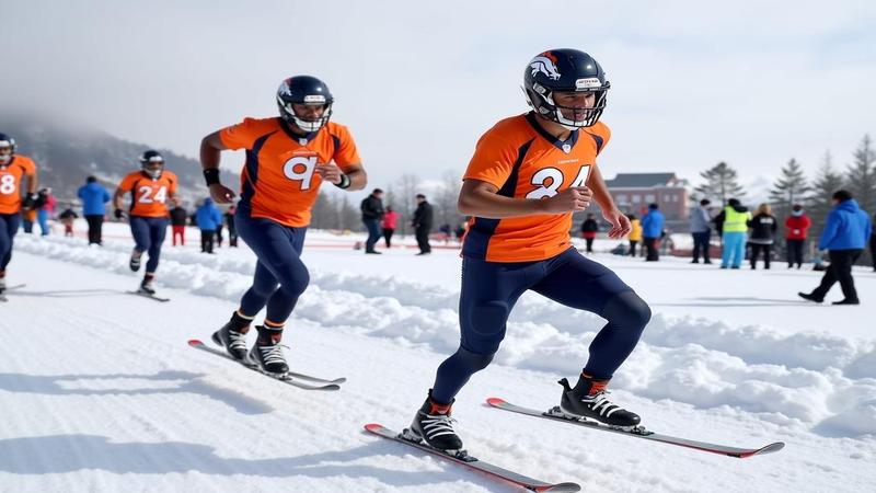 Broncos players sprint uphill in altitude masks while a standings chart tilts like a ski slope toward first place.