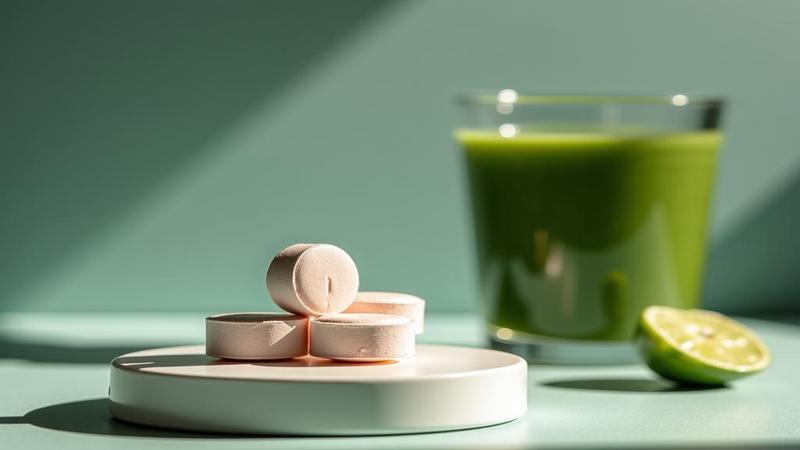 Close-up of a plain aspirin tablet on a pedestal, spotlight like a celebrity, with a confused kale smoothie in the background.