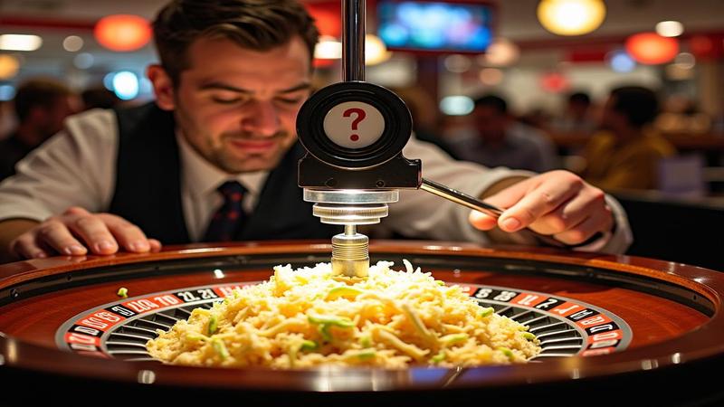Diner crowd plays roulette with buffet trays; one inspects coleslaw under a magnifying glass labeled Science-ish while a thermometer shows a question mark.