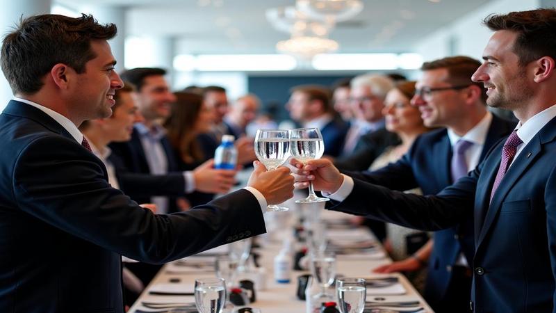 Executives clink water bottles as highlight reels roll in the background, the mood is tranquil but competitive.