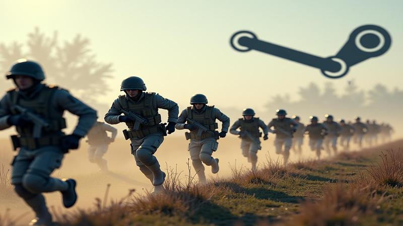 A tidal wave of digital soldiers sprinting across a map while the Steam logo sweats in the corner like a nervous referee.