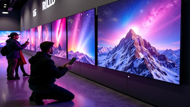 Shoppers kneel before a wall of luminous LG OLEDs, price tags shimmering like distant galaxies, as a heroic remote control rests atop a mountain of bubble wrap.