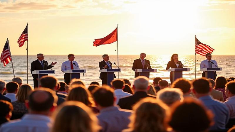 Candidates on a seaside debate stage with swaying flags, microphones, and wind-tousled notes, audience in sunglasses, waves photobombing, mood equal parts civic duty and sunset beach concert.