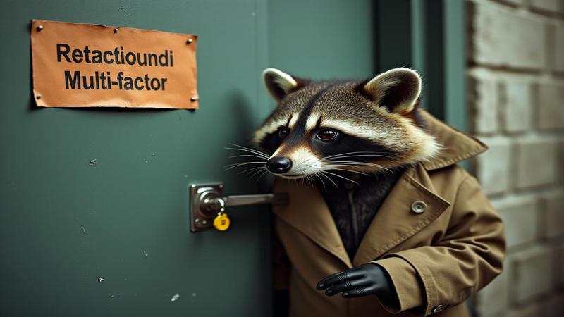 Close-up of a locked door labeled Multi-Factor; a raccoon in a trench coat slips in politely as alarms wail and paperwork flies.