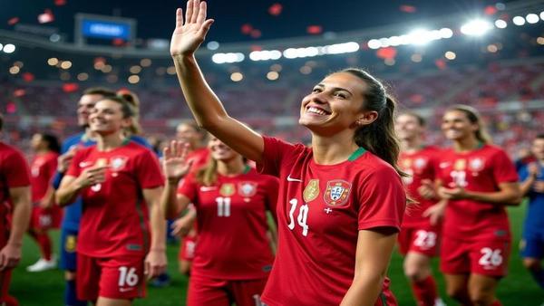 Alex Morgan waves to fans as Portugal celebrates behind her, 2-1 on the board, confetti and disbelief shimmering under stadium lights.