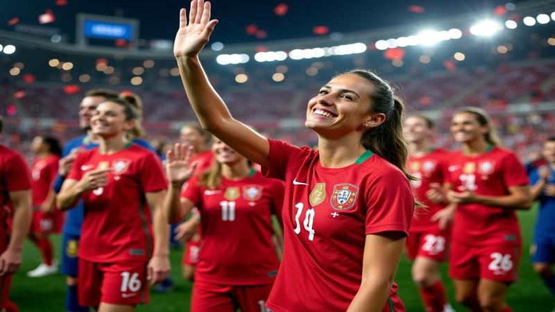 Alex Morgan waves to fans as Portugal celebrates behind her, 2-1 on the board, confetti and disbelief shimmering under stadium lights.