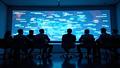 Meta executives illuminated by a glow of slide decks as buzzwords cascade across a conference room.