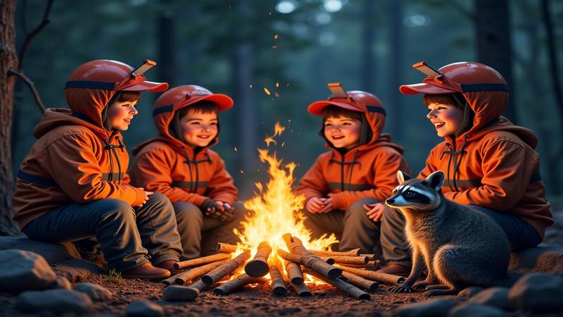 Campers in PPE debates around a crackling fire as a curious raccoon looks on.
